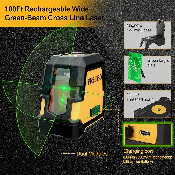 PREXISO Laser Level with Tripod - 100Ft Rechargeable Dual Modules Line Laser, Self Leveling Wide Angle Cross Leveler Tool for Construction, Floor Tile Renovation with Magnetic Base, Target Plate, Bag