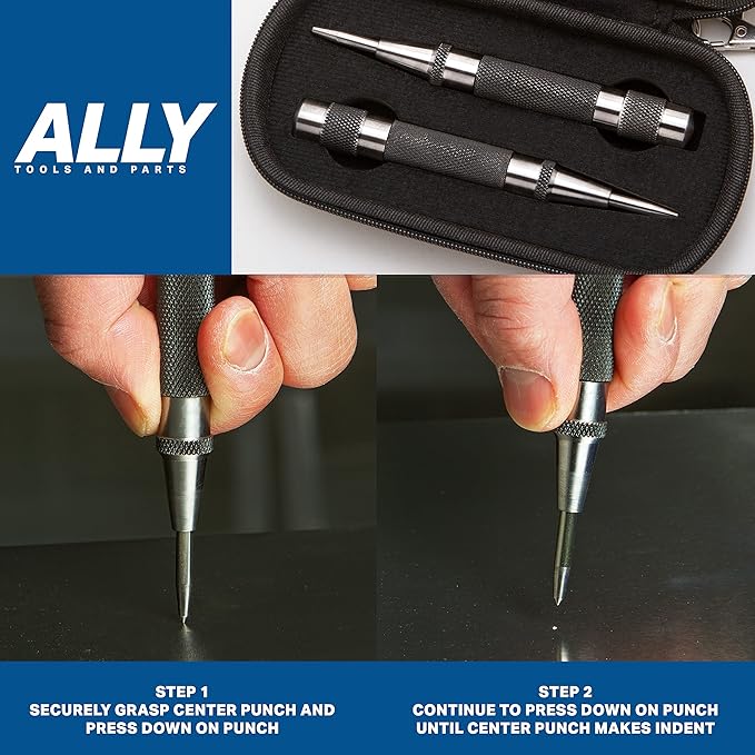 ALLY Tools Heavy Duty Automatic Center Punch w/Hardened Steel – 2PC Premium Automatic Center Punch for Metal for Machinists and Carpenters w/Adjustable Knurled Cap, Spring Loaded and Hard-Shell Case