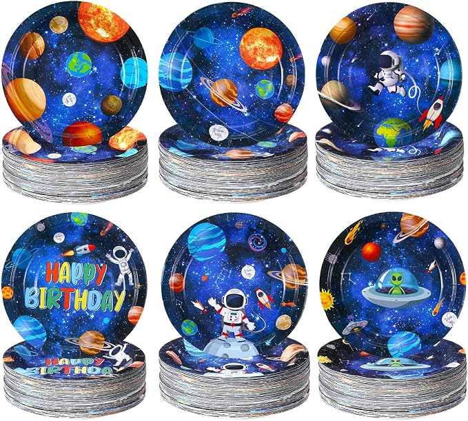 Funnymoom 60 Pcs Outer Space Birthday Party Supplies 7 Inch Solar System Paper by Funnymoom
