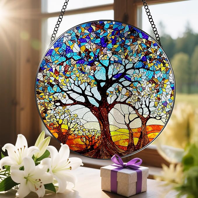 Stained Glass Window Hanging, LAOWEIKI 8'' Tree of Life Suncatcher, Stained - Image 6