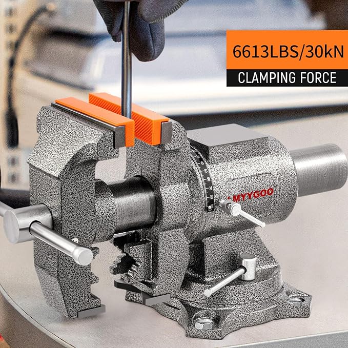 Bench Vise, 6inch Jaw Width 5inch Jaw Opening, 360° Swivel Base, Multipurpose Heavy Duty Workbench Vise with Anvil and 1 Pair Vise Jaw Pad, Table Vise Clamp force 5500LBS