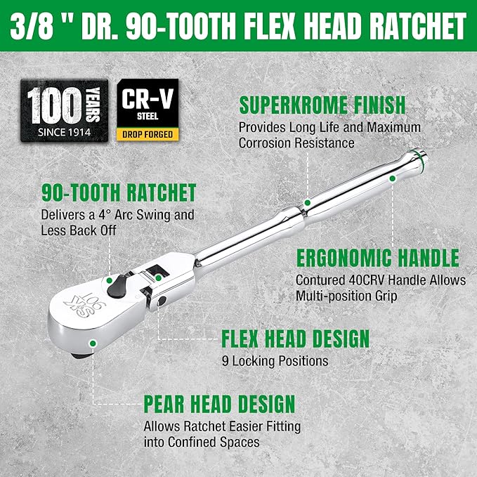 SK 3/8" Drive Flex Head Ratchet Handle, 90-Tooth Ratchet,Premium CR-V Construction, Reversible Design, with Contoured Handle