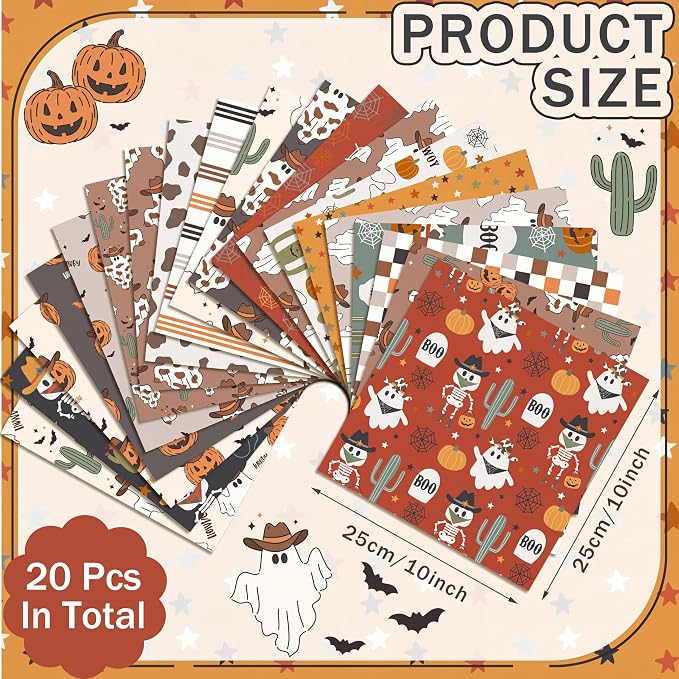 HunnmingRe 20 Pcs 10''x10'' Western Halloween Quilting Fabric Square Cowboy - Image 2