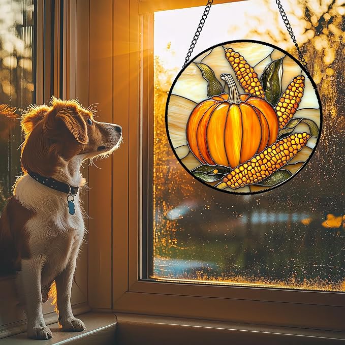 DASTOLL Stained Glass Window Hanging Autumn Harvest Pumpkin Corn Large 11.8" - Image 3