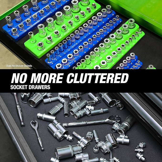 OEMTOOLS 22461 6 Pack Set Metric and SAE Magnetic Socket Tray Set, Green and Blue Socket Organizers, 1/4, 3/8, 1/2 Inch Drive Socket Organizer Tray Set