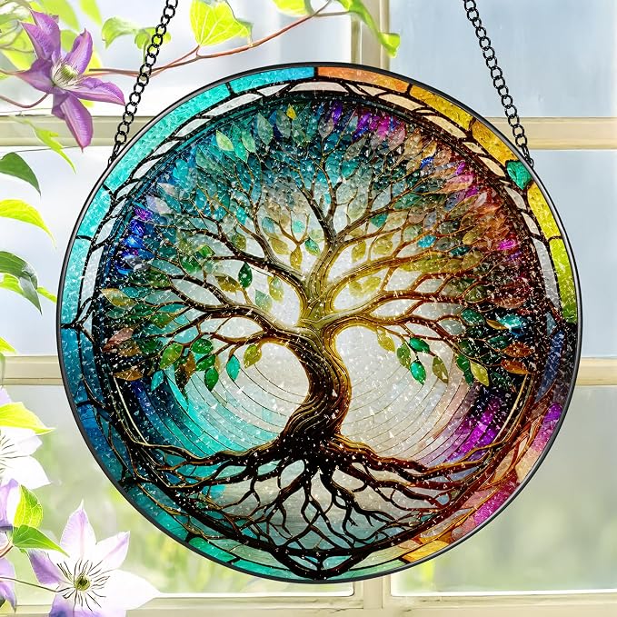 Stained Glass Window Hanging, LAOWEIKI 8'' Tree of Life Suncatcher, Stained by Unknown