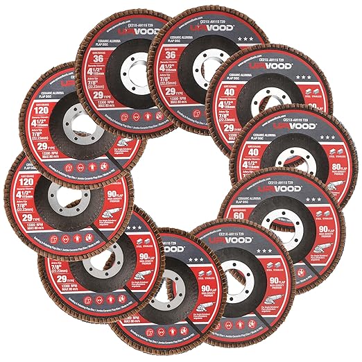 10 Pack Ceramic Flap Discs 4-1/2" x 7/8" Arbor for Angle Grinder, Mix Grit (36# 40# 60# 80# 120#) Type 29