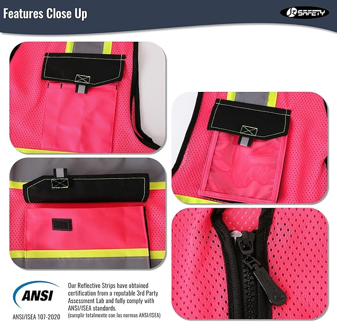 JKSafety Hi Vis Reflective Safety Vests for Men Women High Visibility Vest with Pockets Mesh Fabric Construction Safety Apparel Neon Vest for Work (220-Pink M)