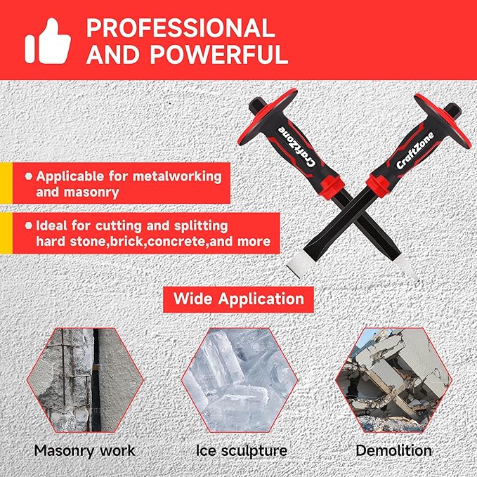 Masonry Chisel Set - 2-Piece Heavy Duty Pointed & Flat Rock Chisels 300x19mm | 40CR Steel Heat-Treated for Brick Concrete Stone - Demolition & Construction Tools