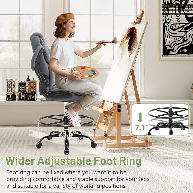500LBS Drafting Chair, High Back Safer Standing Desk Chair, Executive Tall Office Chair with Flip-up Armrests, Upholstered PU Leather Task Chair, Ergonomic Seat with Adjustable Height&Foot Ring, Grey