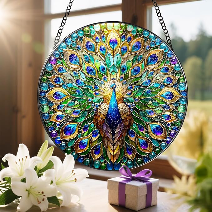 Stained Glass Window Hanging, LAOWEIKI 8'' Peacock Suncatcher, Stained Glass - Image 6