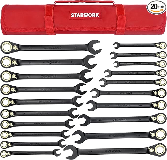 TRUE MECHANIC™ 20 Pc. 120T Reversible Ratcheting Combination Wrench Set, Long Pattern, SAE, Metric, Professional, With Portable Roll-Up Pouch Bag