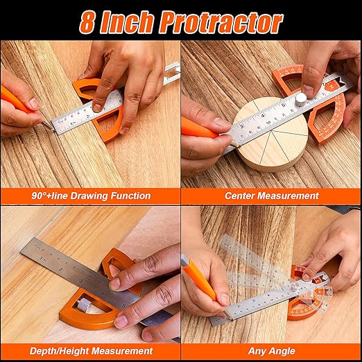 4Pcs Woodworking Tools -7''Aluminum Rafter Square,12''Adjustable Protractor Angle Finder,10'Woodworking Square Ruler and T-Bevel Gauge-1/16 Precision…