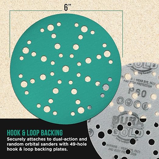 Dura-Gold Premium 180 Grit 6" Green Film Sanding Discs, 49-Hole Pattern, Box of 50 - Heavy-Duty Dustless Hook & Loop Backing Sandpaper for DA & Random Orbital Sanders, Sand Auto Paint, Wood Furniture
