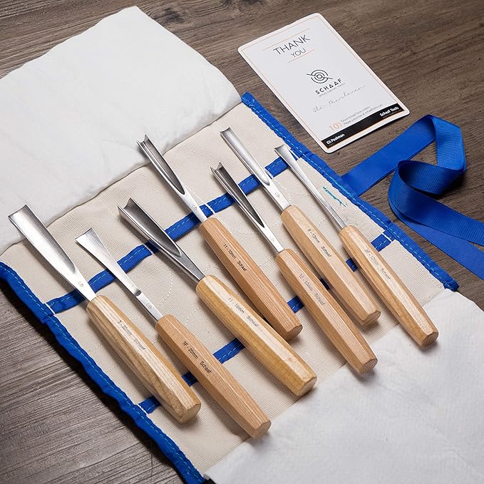 Hand-Sharpened Wood Carving Tools Set of 7 Chisels and Gouges with Canvas Case, Razor Sharp CR-V 60 Steel Woodworking Tools, High-Quality Wood Carving Chisel Set for Beginners from Schaaf Tools
