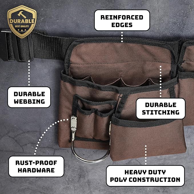 19 Pocket Brown and Black Heavy Duty Construction Tool Belt, Work Apron, Tool Pouch, with Poly Web Belt Quick Release Buckle - Adjusts from 33” Inches All the Way to 50” Inches