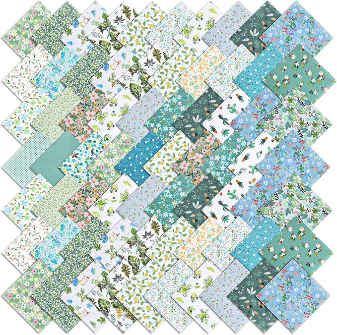70 Pcs 10 x 10 Inch Green Floral Cotton Fabric Squares, Precut Printed by Unknown
