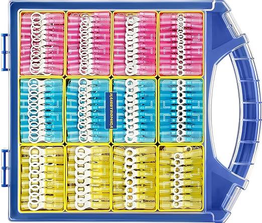 Haisstronica 780PCS Heat Shrink Ring Connectors, Marine Grade AWG 22-10 Ring Terminals, Tinned Red Copper Waterproof Wire Eyelet Connectors (3 Colors/4 Sizes)
