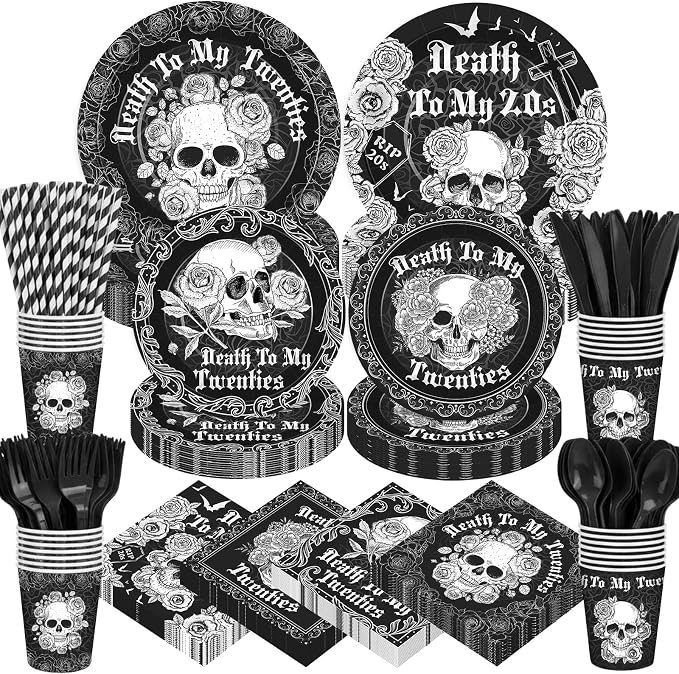 450 Pcs Death to My 20s Tableware Set Black White 30th Birthday Party by Unknown
