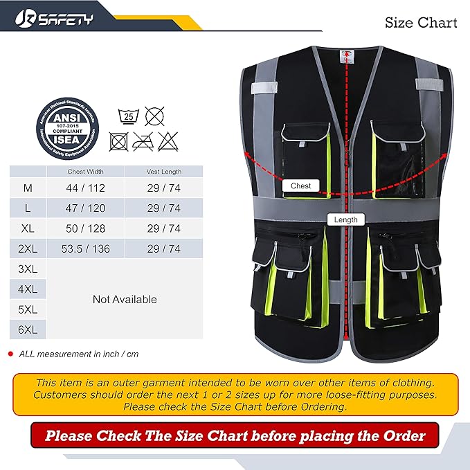 JKSafety 10 Pockets Black Color Safety Vest Zipper Front with High Reflective Strips Meets ANSI/ISEA Standards (88-Black, X-Large)