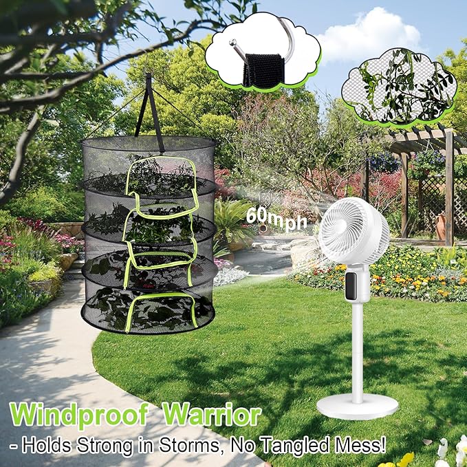 LUKETURE 4-Layer Herb Drying Rack Hanging Mesh Net,Windproof Drying Rack w/U-Zipper Design & Hook - Foldable & Collapsible for Plants, Herbs, Flowers, Fish, Clothes | Save Space | Natural Drying