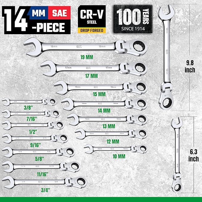 SK Flex-Head Ratcheting Wrench Set, Combination Wrench Set, 14-Piece, SAE 3/8" to 3/4", Metric 10 to 19mm, 72-Tooth, Premium CR-V Construction, with Rolling Pouch