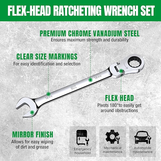 SK Flex-Head Ratcheting Wrench Set, Combination Wrench Set, 16-Piece, Metric 8 to 25mm, 72-Tooth, Premium CR-V Construction, with Rolling Pouch