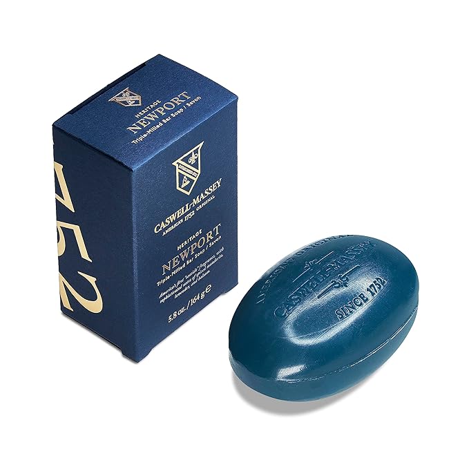 Caswell-Massey Newport Men’s Bar Soap, Sophisticated Marine Scent, Moisturizing Natural Body Wash for Bath, Face & Hands, Triple-Milled with Essential Oils, Plant-Based & Cruelty-Free, 5.8 oz
