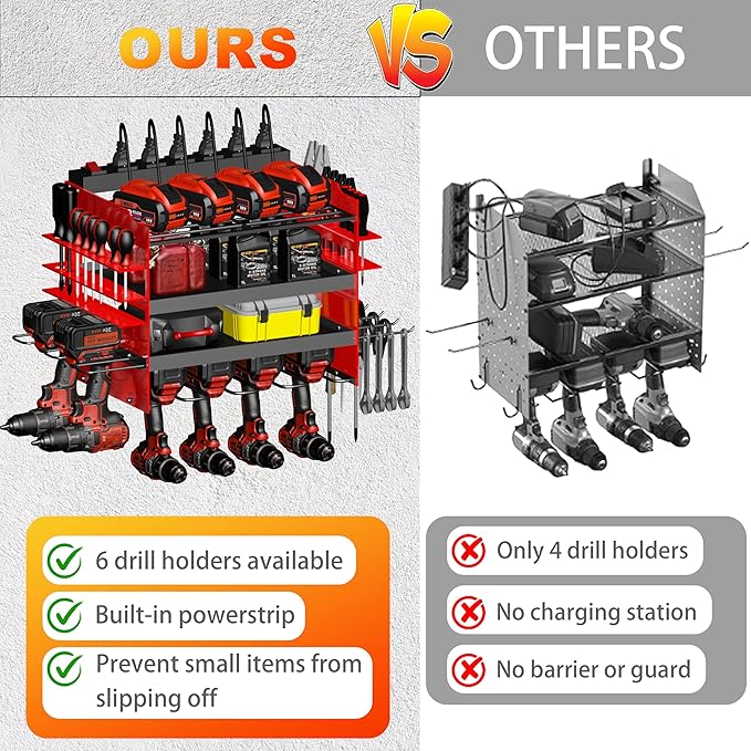 Homecor Power Tool Organizer Wall Mount with Charging Station, 4-Layer Drill Holder Heavy Duty Metal Storage Rack for Garage Organization Drill Storage Shelf, Fathers Day Dad Gifts for Dad Husband