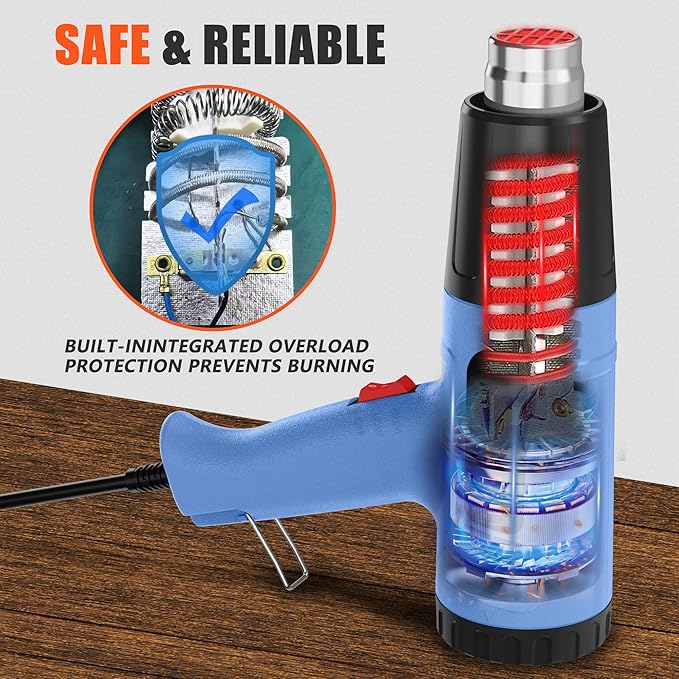 Heat Gun for Vinyl Wrap,Shrink Tubing,Paint,Epoxy Resin,Candle Making,Adjustable Temperature (Blue, Two-Gear Button Temperature Control)