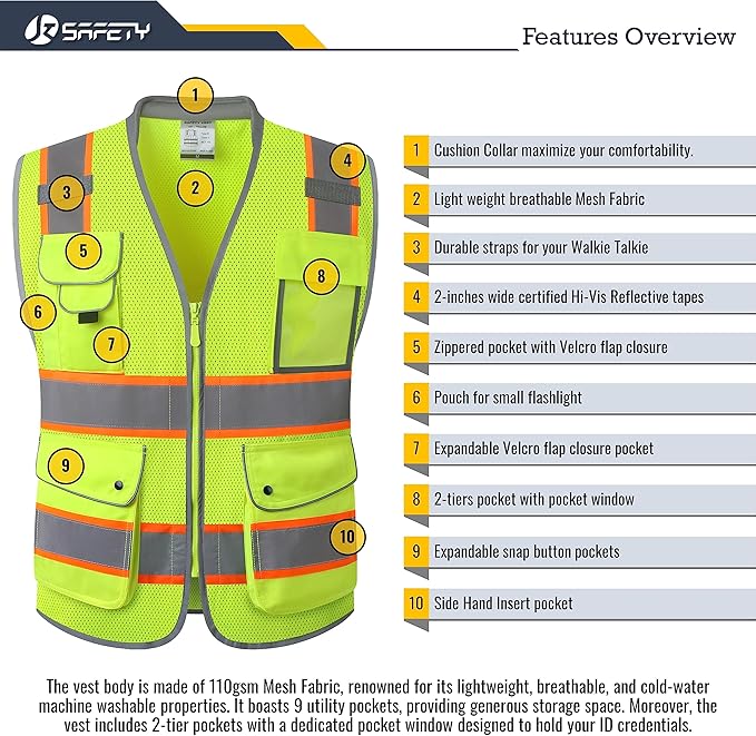 JKSafety 9 Pockets Hi-Vis Safety Vest Breathable Mesh Fabric Cushioned Collar Work Utility PPE Lightweight Industrial Work Gear ANSI/ISEA compliant (101-Yellow M)