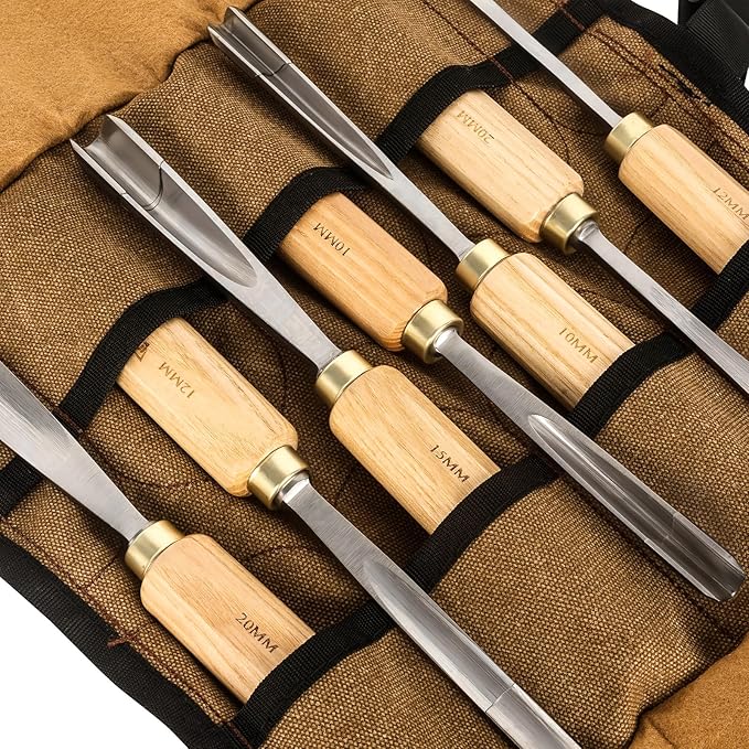 7-Pieces Woodworking Wood Carving Tools Chisel Set with Canvas Bag, Gouges and Carving Chisel Set, Razor Sharp CR-V 60 Steel Blades