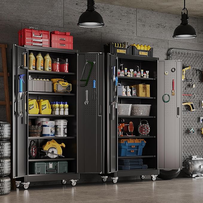 71" Metal Storage Cabinet with Wheels and Pegboard, Lockable Rolling Steel Storage Cabinet with 5 Adjustable Shelves and Door for Garage, Office, Kitchen, Assembly Required,Black