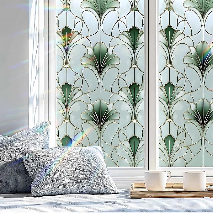Stained Glass Window Privacy Film: Non-Adhesive Sun and Landscape Mosaic Design - Image 4