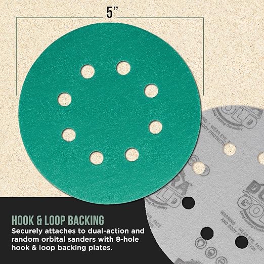 Dura-Gold Premium 180 Grit 5" Green Film Sanding Discs, 8-Hole Pattern, Box of 50 - Dustless Hook & Loop Backing Sandpaper for DA & Random Orbital Sanders, Sand Automotive Paint Woodworking Furniture