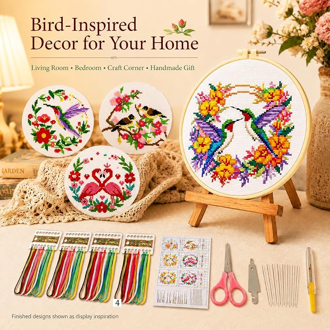 Zhenqing Cross Stitch Kit for Beginners 4 Pack Bird Floral Embroidery Kit 11CT - Image 8