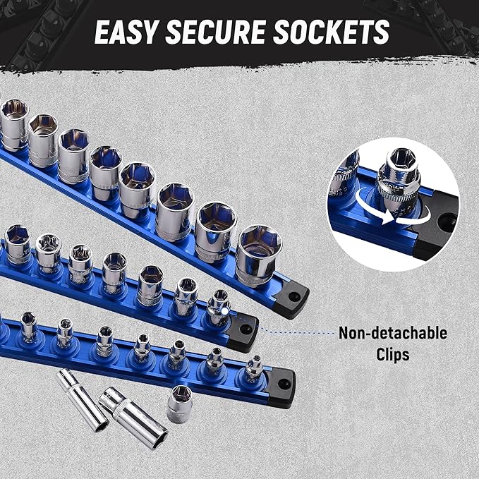 ALOANES Magnetic Socket Organizer, 3/8-Inch Drive Aluminum Socket Holder Socket Tray, Heavy Duty Socket Rail Organizer for Tool Box Drawer, 360°Swivel Clips Socket Rack 3/8-Inch x 14 Clips (Blue)