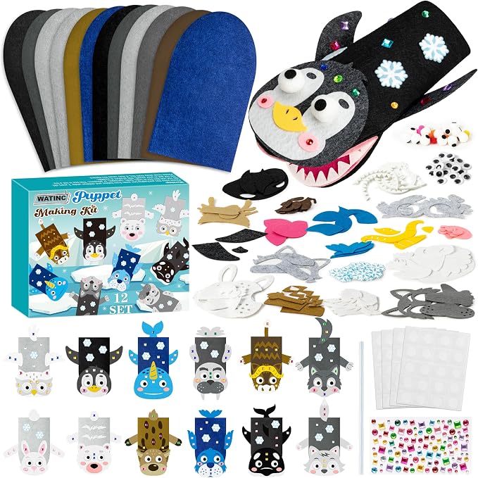 WATINC 12 Pcs Hand Puppet Making Kit, Art Craft Felt Sock Puppet Toys, Creative by WATINC