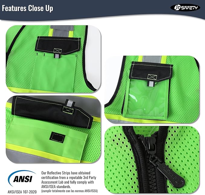 JKSafety Hi Vis Reflective Safety Vests for Men Women High Visibility Vest with Pockets Mesh Fabric Construction Safety Apparel Neon Vest for Work (220-Green XXL)