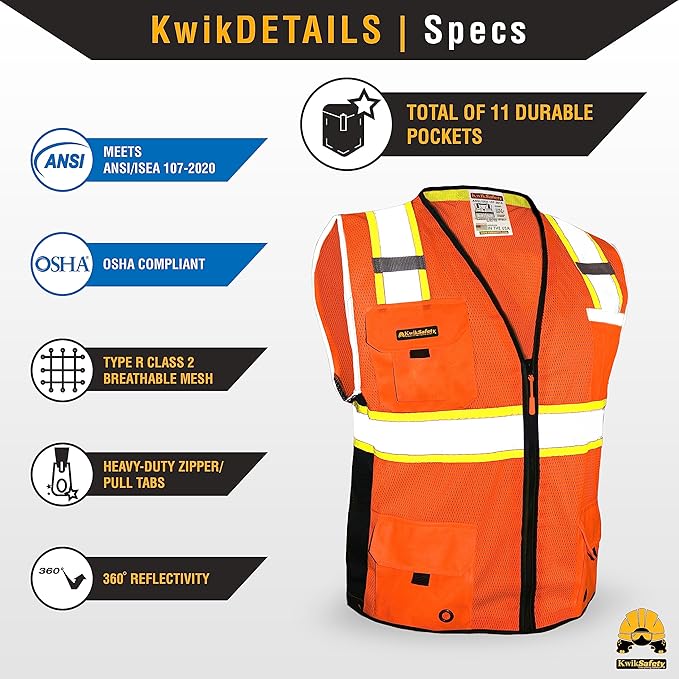 KwikSafety - Charlotte, NC - BIG KAHUNA Safety Vest [2 PACK] Class 2 ANSI OSHA Reflective Vest Durable High Visibility Vest Construction Safety Vest for Men Industrial Work Gear/Orange Small