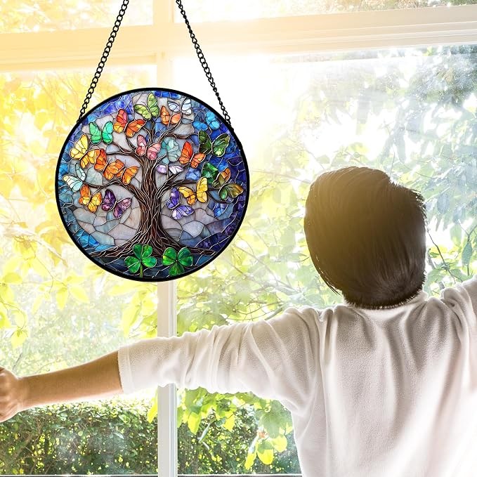 DASTOLL Stained Glass Window Hanging, Butterfly Tree Clover Sun Catchers Glass - Image 4