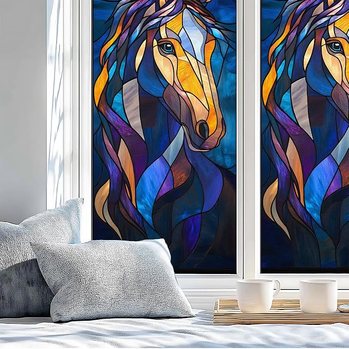 Stained Glass Window Privacy Film: Non-Adhesive Sun and Landscape Mosaic Design - Image 4