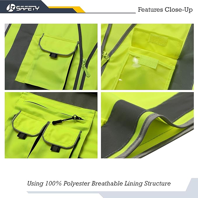 JKSafety 10 Pockets Class 2 High Visibility Zipper Front Safety Vest Yellow with High Reflective Strips Meets ANSI/ISEA Standards (88-Yellow, X-Large)