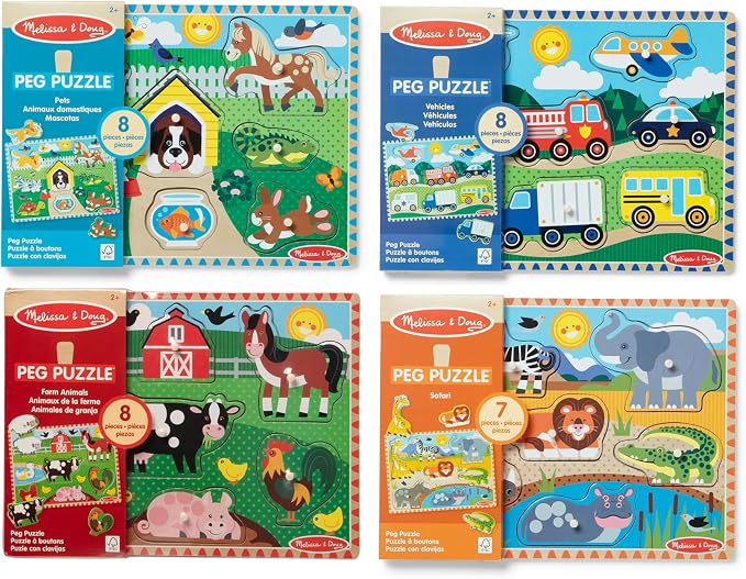 Melissa & Doug Wooden Peg Puzzle Set – 4-Pack Vehicle, Safari & Pet Animal - Image 6