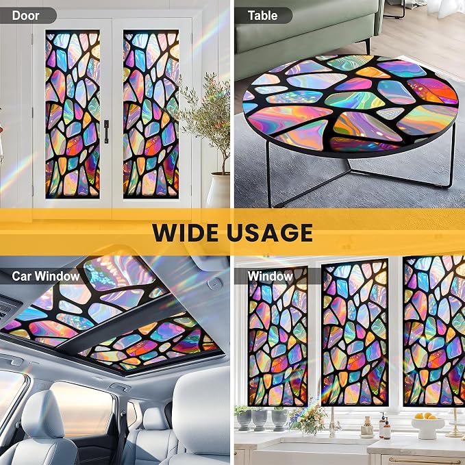Stained Glass Window Privacy Film: Non-Adhesive Sun and Landscape Mosaic Design - Image 8