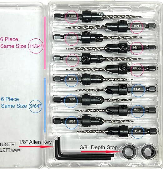 FTG USA 6 Pc #6 (9/64"), 6 Pc #8 (11/64") Countersink Drill Bit Set with Depth Stop Collar, Hex Wrench - Tapered Drill Bits for Wood