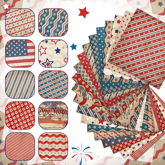 HunnmingRe 20 Pcs 10x10'' Patriotic Quilting Fabric Square 4th of July Precut - Image 5