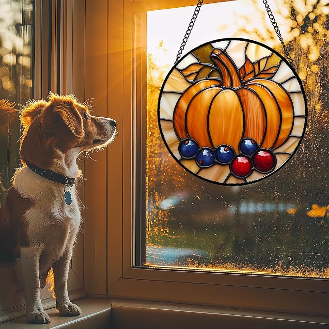 DASTOLL Stained Glass Window Hanging Fall Pumpkin Berries Large 11.8" - Image 3