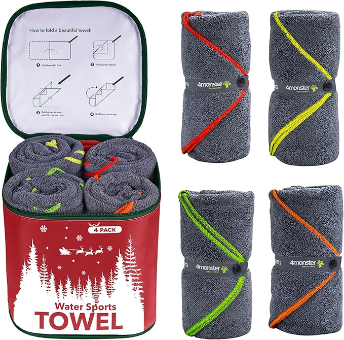 4Monster 4 Pack Microfiber Camping Towel Quick Dry, Super Absorbent Travel Towel with Waterproof Bag, Lightweight Boat Towel for RV, Sport, Gym, Beach, Pool, Swim,Family Trip