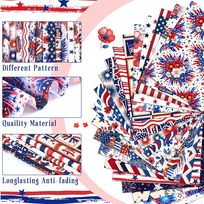 HunnmingRe 20 Pcs 10''x10'' Patriotic Quilting Fabric Square Red White Blue - Image 4